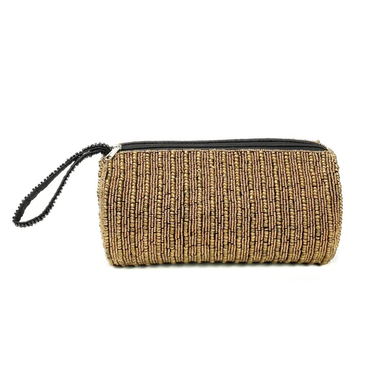 Bohemian gold pencil case with zipper, perfect for organizing pens, makeup, or brushes. 10x10x20cm, 450g, chic and versatile design.