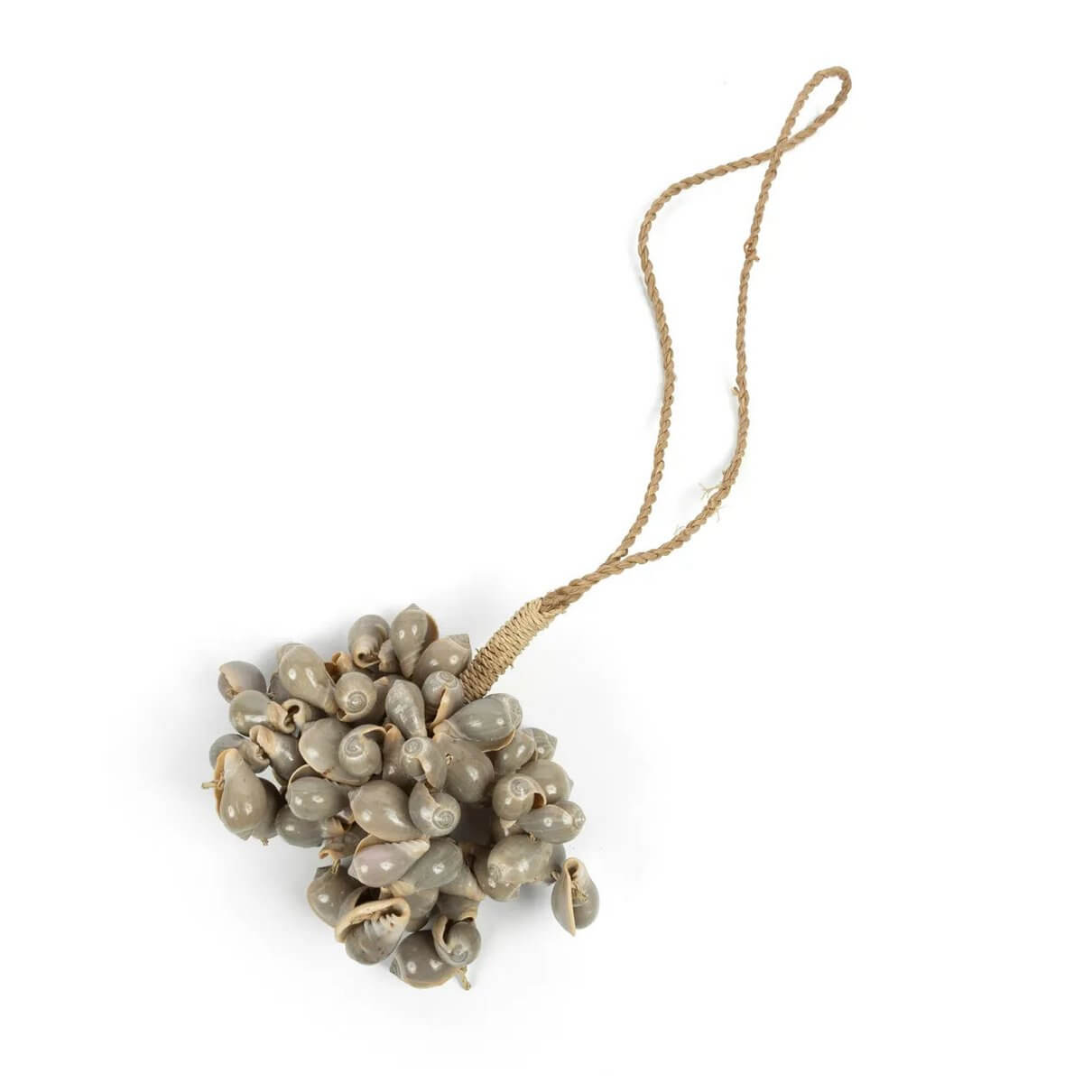 Bohemian grey shell tassel handcrafted by Balinese artisans, ideal for door, curtain, or wall decor. Adds exotic charm to home.