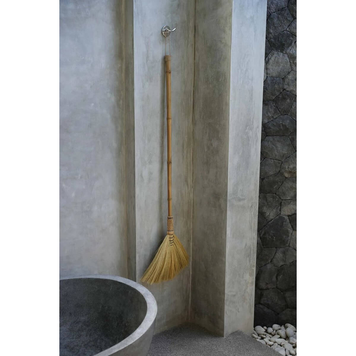 Bohemian Indonesian grass broom in grayscale modern bathroom decor