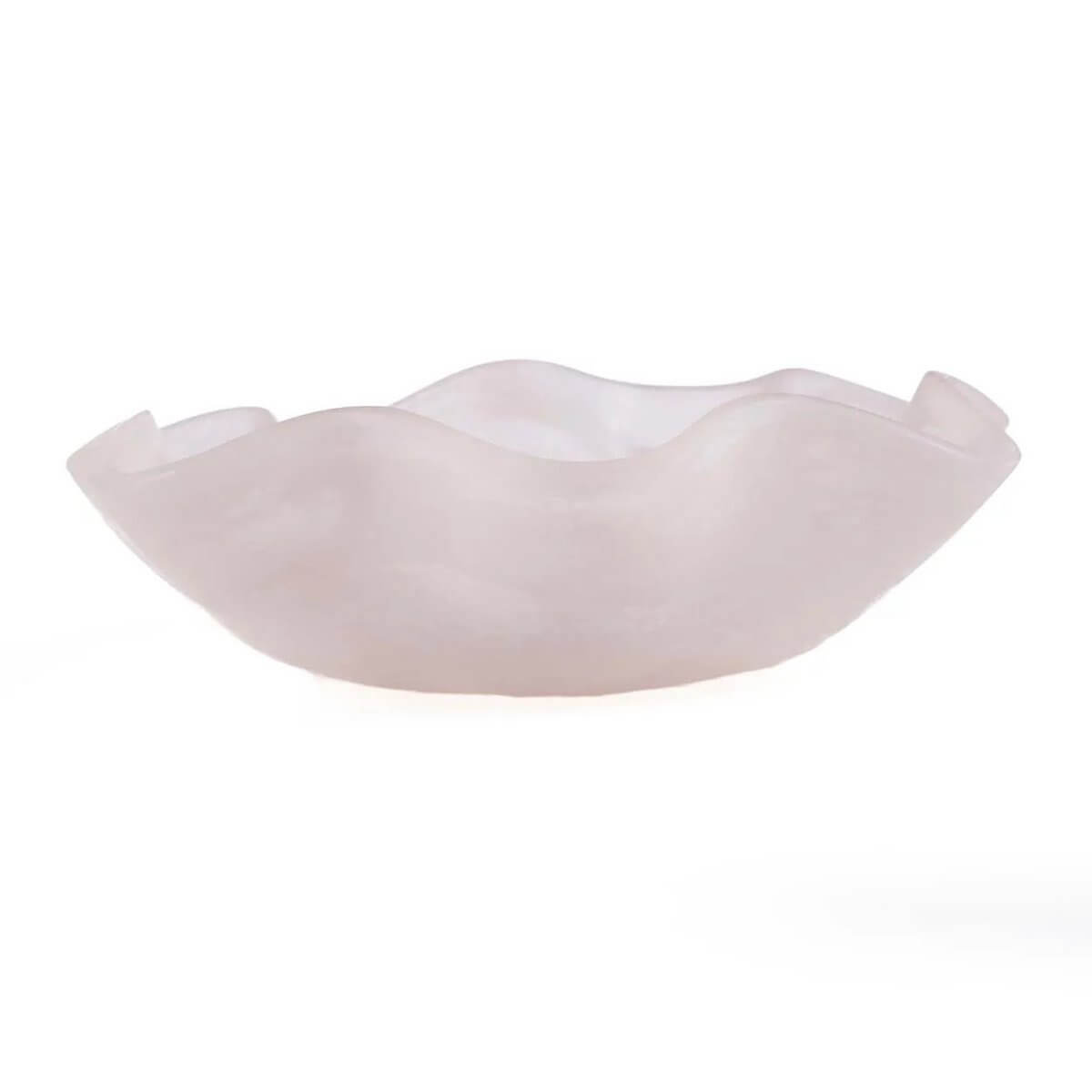 Bohemian pink and white resin fruit bowl with organic, flowing design, ideal for modern decor and showcasing fresh fruit.