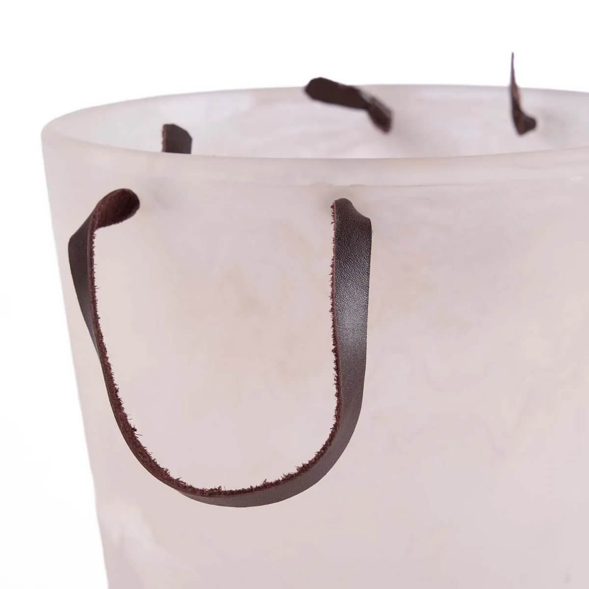 Bohemian style pink and white resin ice bucket with brown handles, perfect for keeping drinks cool with a touch of elegance.