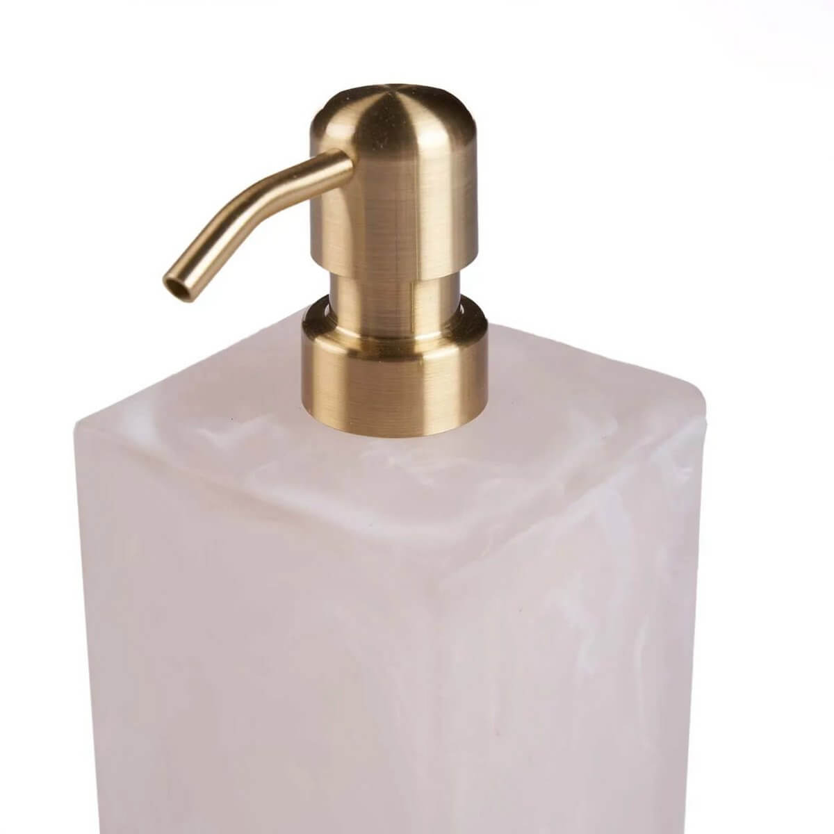 Stylish pink and white bohemian resin soap dispenser with a sleek golden pump, perfect for enhancing bathroom or kitchen decor.
