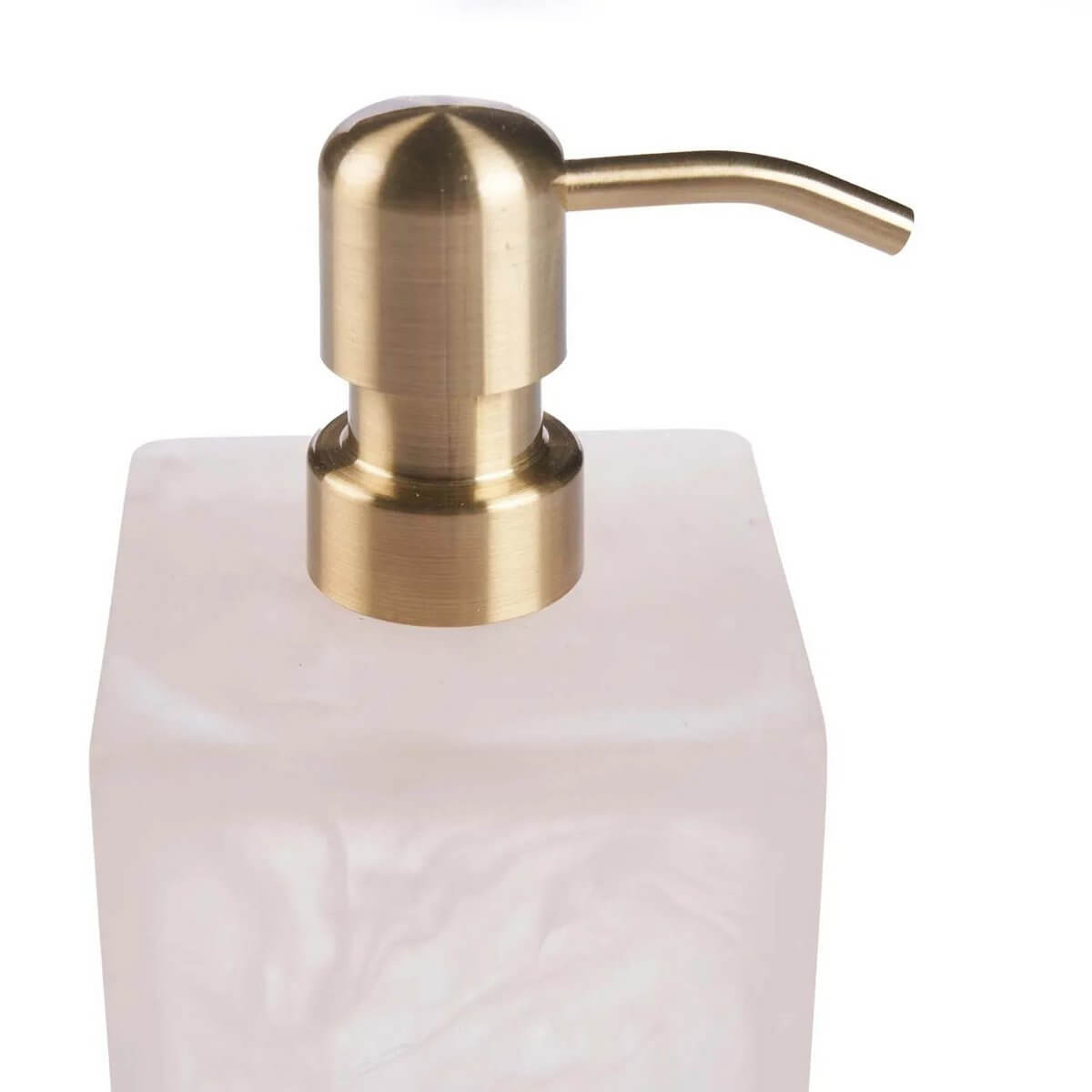 Bohemian roze-witte harszeepdispenser met goudkleurige pomp, perfect voor elke stijlvolle badkamer of keuken upgrade.