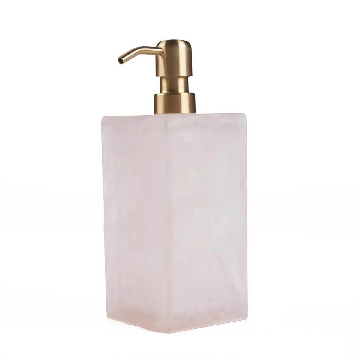 Bohemian-style pink and white resin soap dispenser with gold pump, ideal for elegant bathroom or kitchen decor.