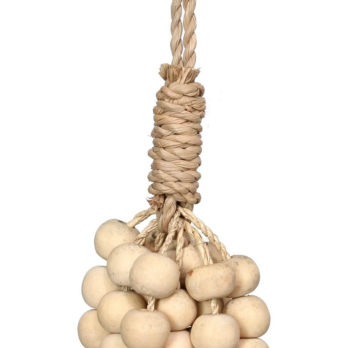 Handmade natural wooden bead tassel by Balinese artisans, perfect for bohemian decor in silver and white by Bazar Bizar Living.