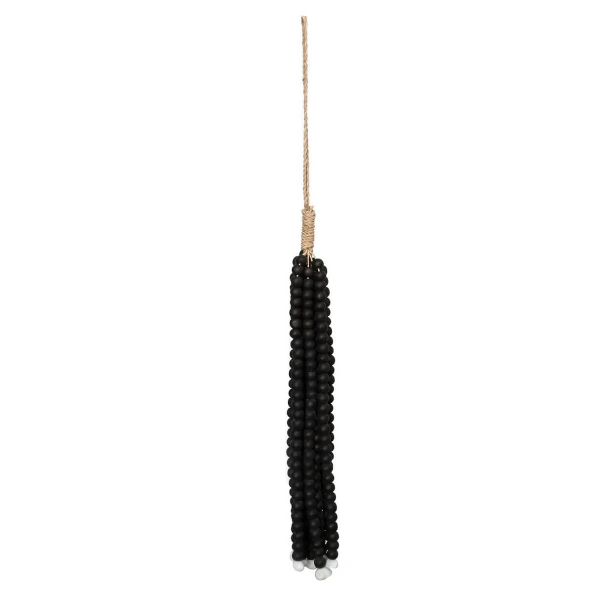 Handmade black wooden bead tassel for bohemian home decor by Balinese artisans, perfect for hanging on doors, curtains, or walls.
