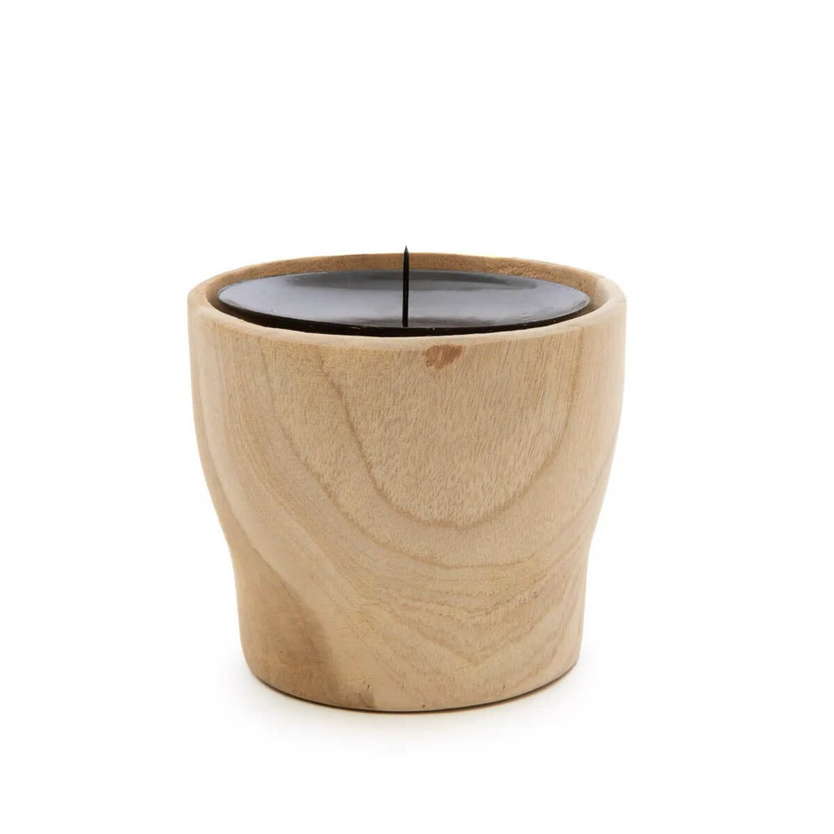 Bohemian black candle in hand-carved teakhout holder by Bazar Bizar Living, perfect for home decor. Elegant and natural style.