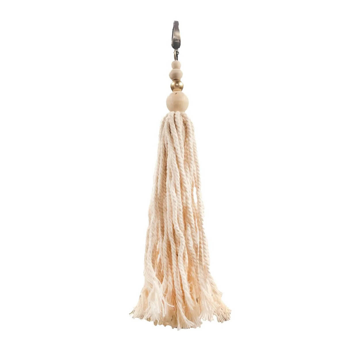 Bohemian keychain with natural cotton and wood tassels for a whimsical touch.