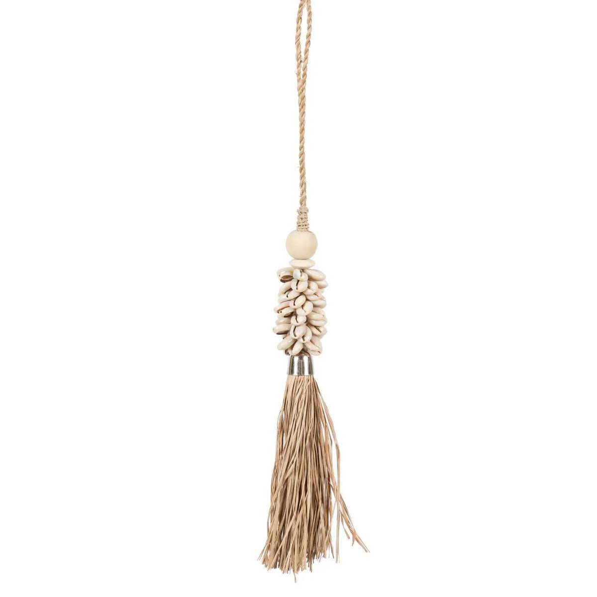 Bohemian raffia and kauri shell tassel handmade by Balinese artisans, perfect for exotic home decor. Size: 40cm. Beige color.