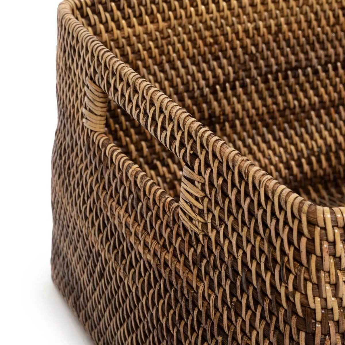 Bohemian Colonial Magazine Basket in natural rattan, perfect for organizing magazines or throws with rustic elegance.
