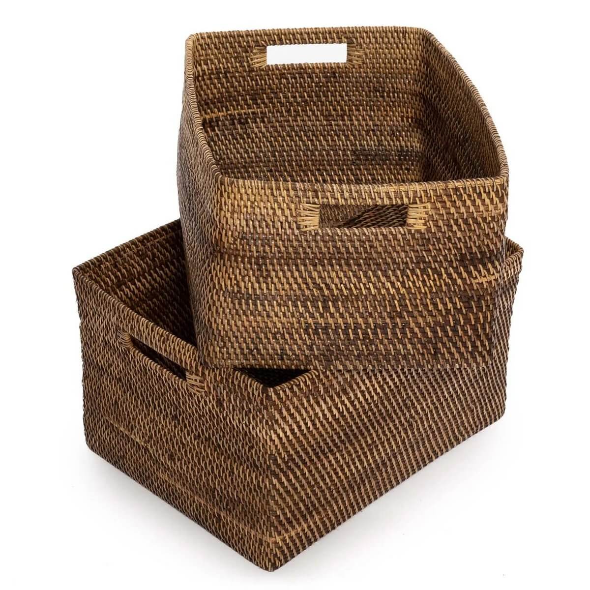 Natural brown colonial magazine basket set, perfect for adding bohemian charm and organization to any space.