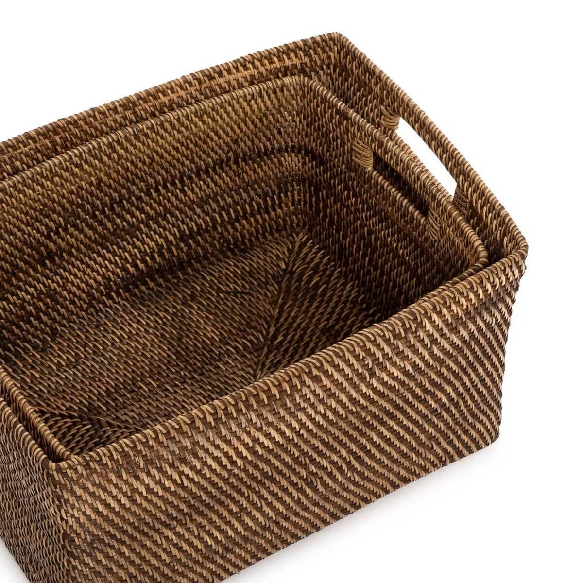 Bohemian Colonial Magazine Basket in natural brown rattan for stylish storage of books and magazines. Adds rustic charm to any space.