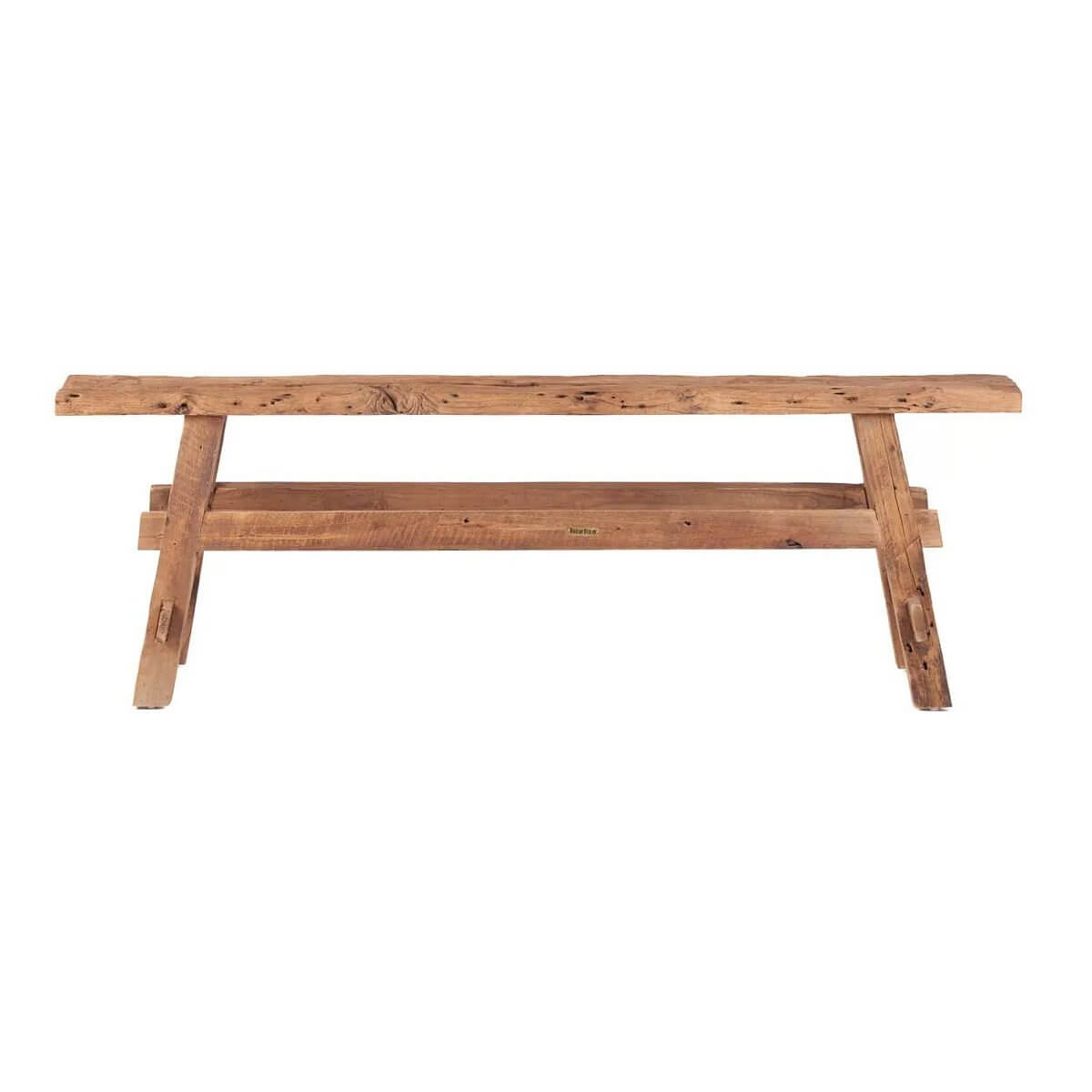 Bohemian style natural teak rustic bench with simple lines and visible wood grain, adding warmth to any space.