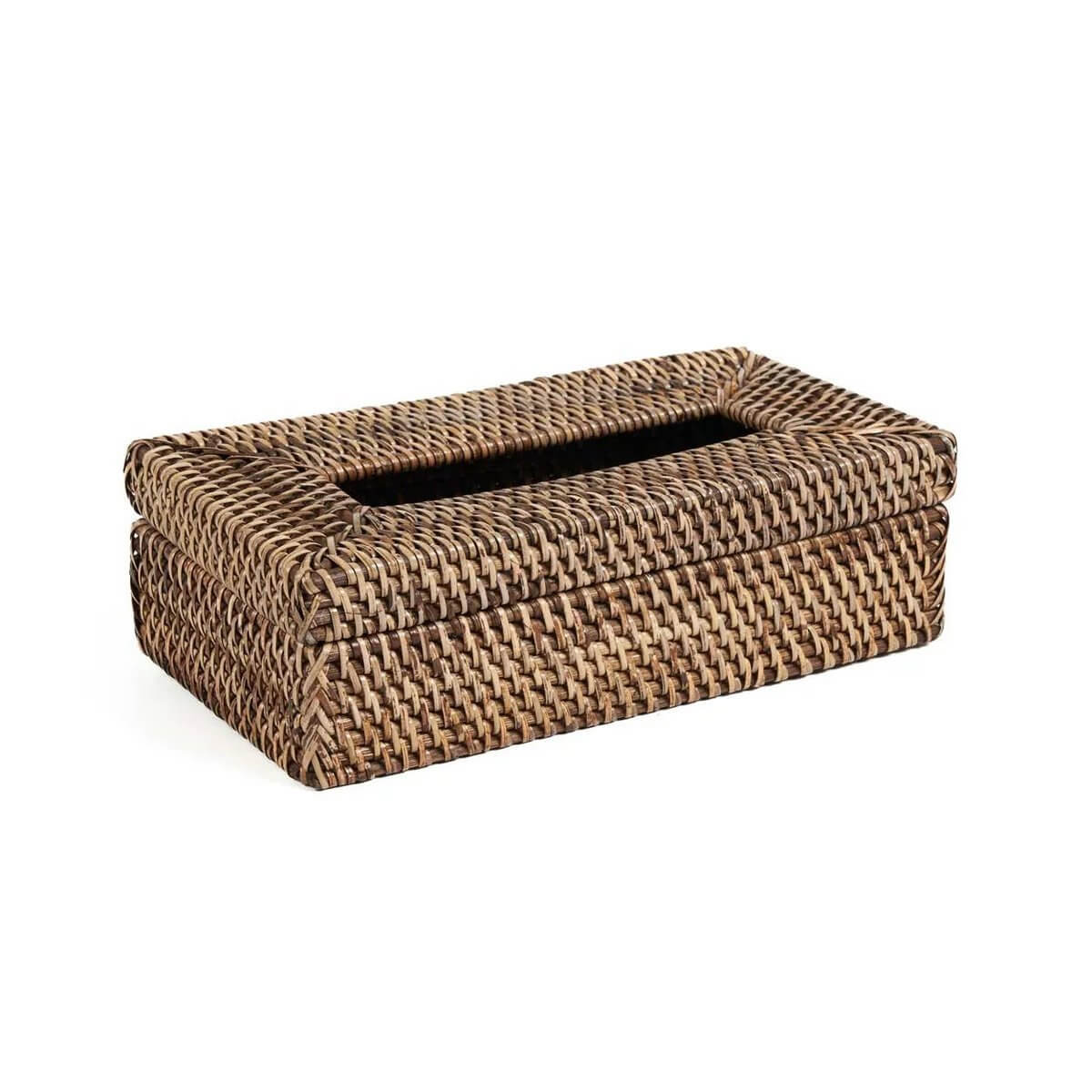 Alt Tag: Natural brown rattan tissue box, blending style and function for any room decor. Fits standard tissue boxes. Elegant home accessory.