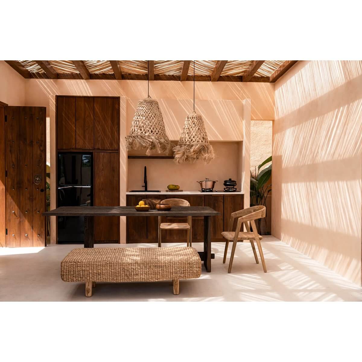 Bohemian-style room with sustainable Waterhyacinth Bench and woven lamps, creating a natural, chic atmosphere. Perfect for eco-friendly decor.