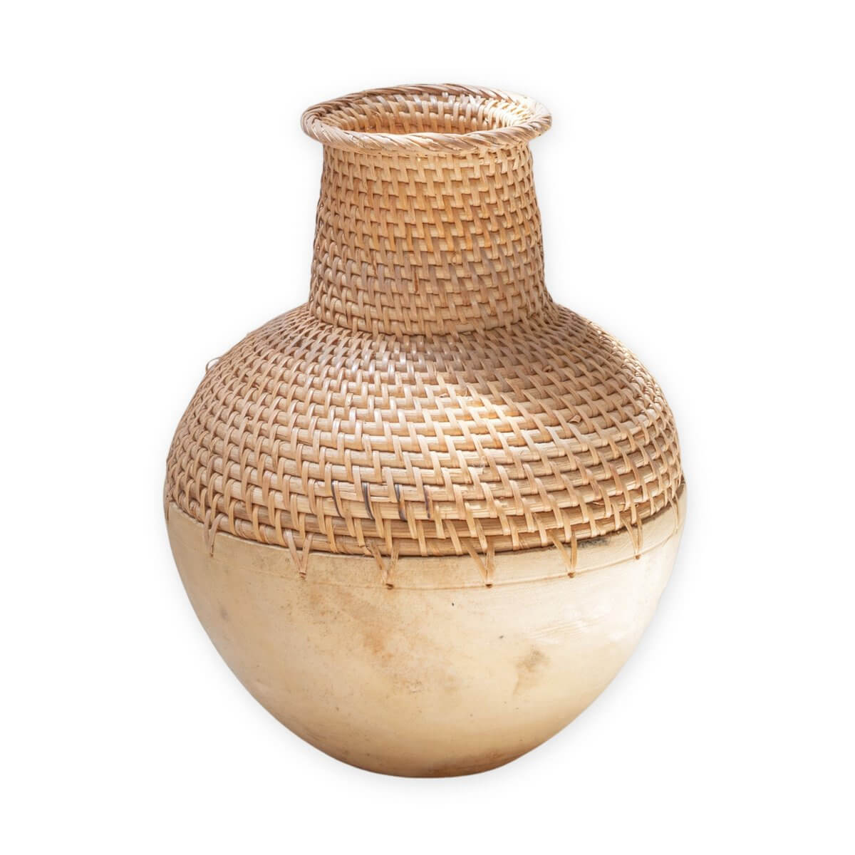 Geweven Boho Vaas Kamari van rotan en hout, handgemaakt, duurzaam, 30 cm hoog, ideaal voor gedroogde bloemen, bohostijl eyecatcher.