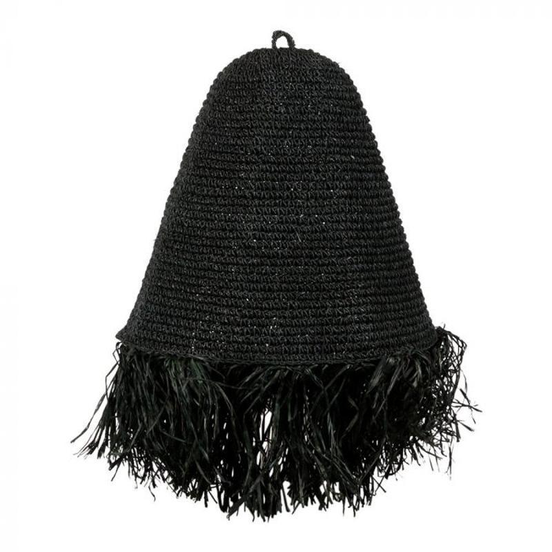 Grote zwarte hanglampenkap Mojo van raffia met exotische Ibiza uitstraling en rafels, ideaal voor sfeervol interieurdesign.