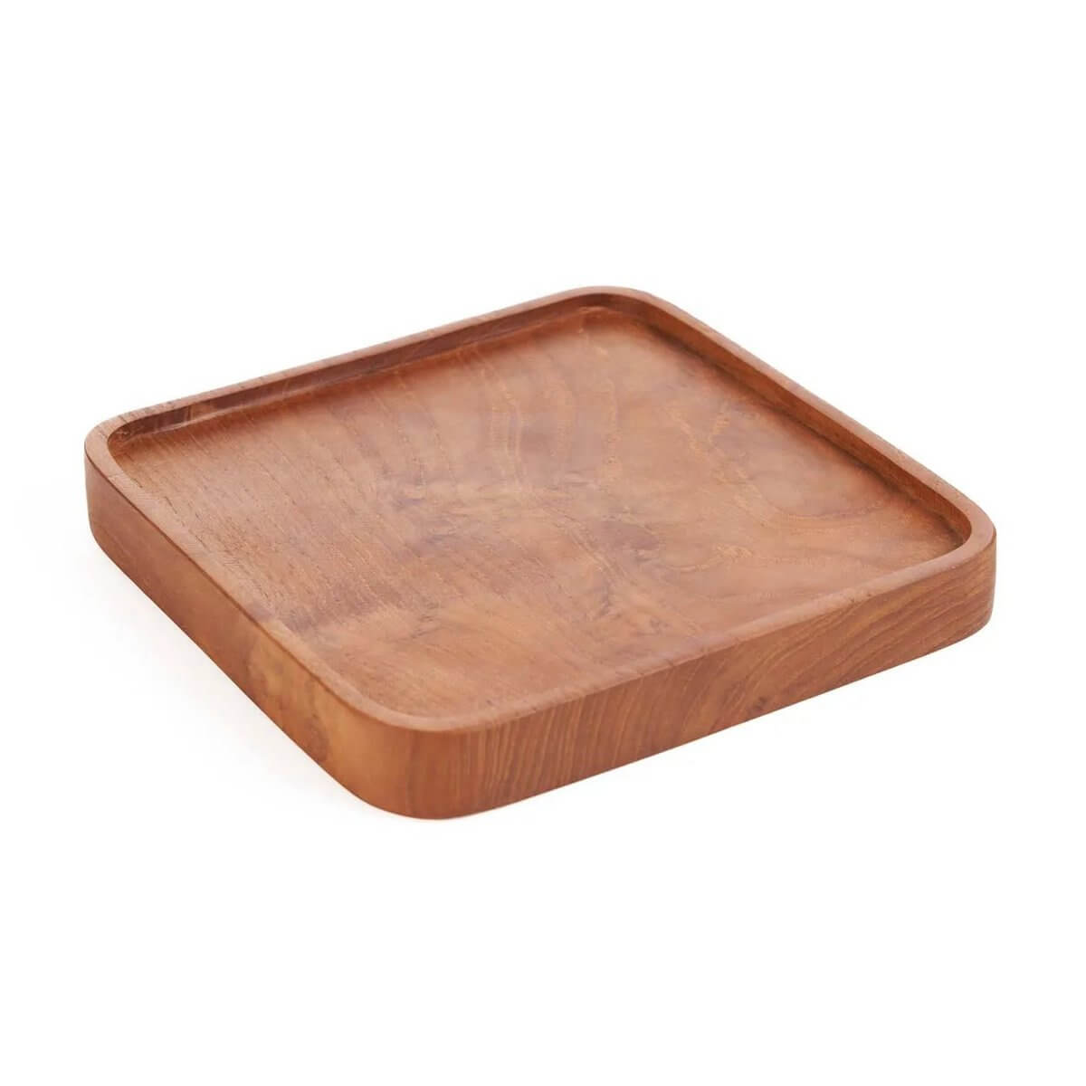 Alt Tag: Het Teak Vierkant Bord in XS, perfect for Bohemian settings, ideal for snacks and desserts with rustic charm. Square, wooden elegance.