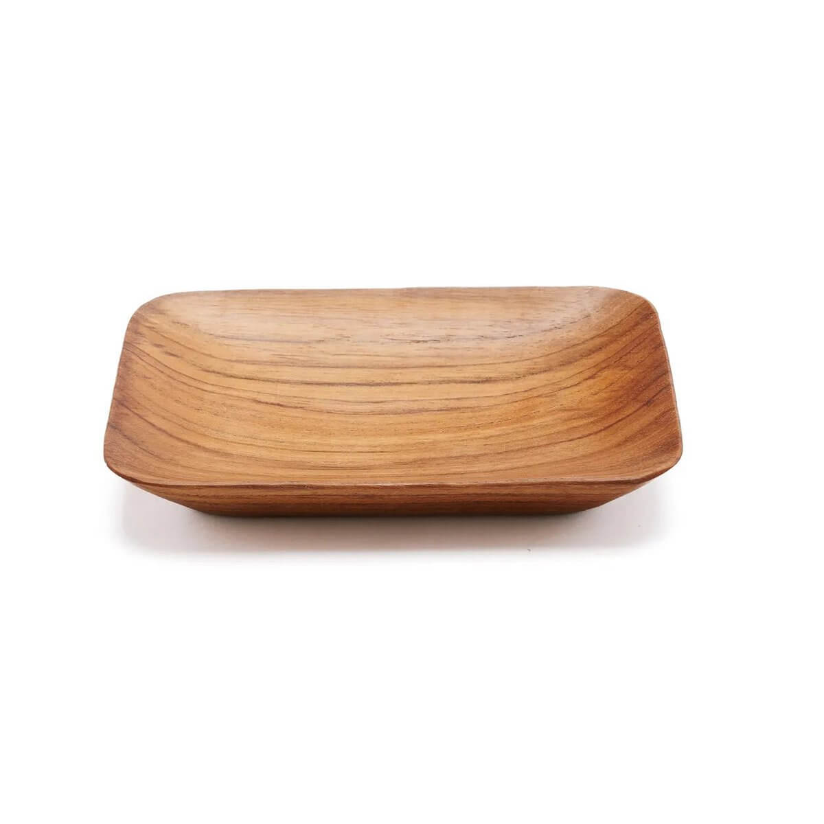 Rectangular teak root dish with unique wood patterns, perfect for bohemian table settings and serving culinary creations.