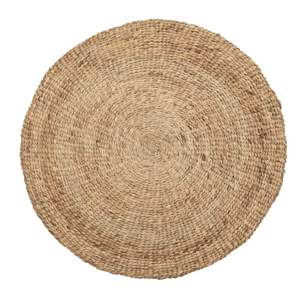 Rond waterhyacint tapijt in natuurlijke kleur, 150 cm. Handgemaakt in Vietnam, perfecte boho-sfeer voor elke kamer.