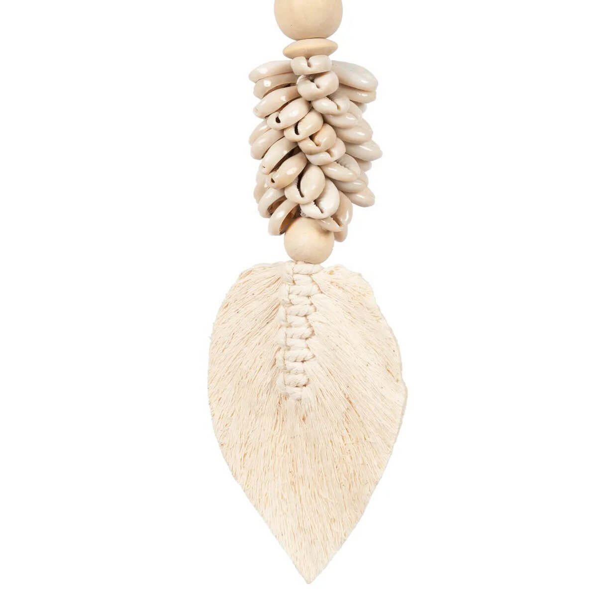 Bohemian handmade shell tassel from Bali, perfect for door, curtain, or wall decor. Adds exotic flair to any space. Beige, 35cm long.