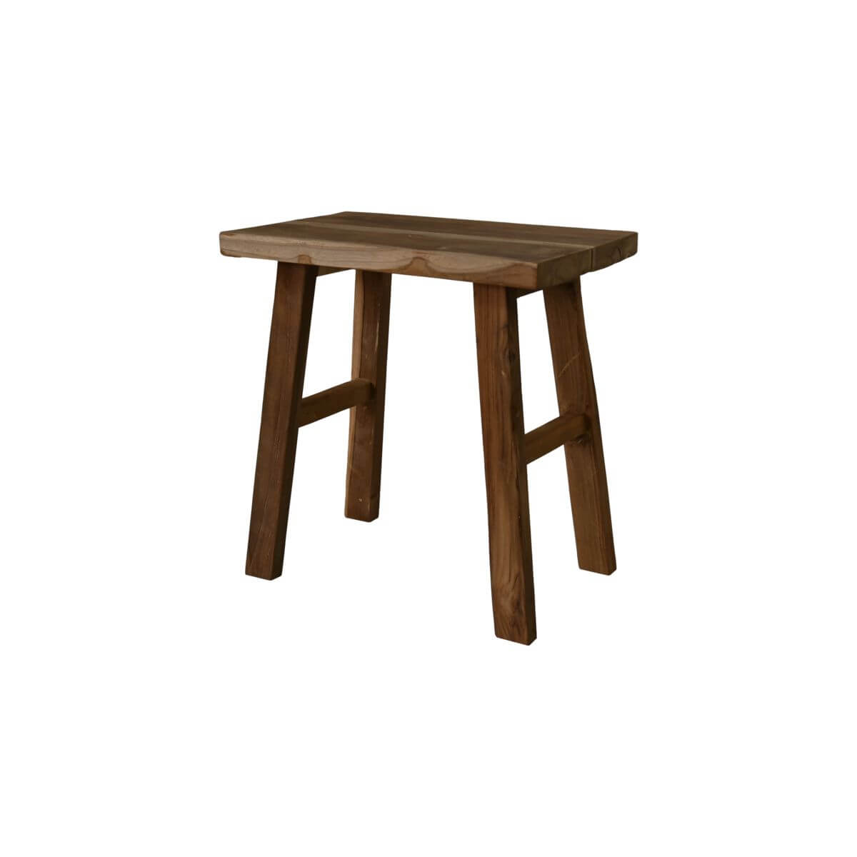 Natuurlijke teakhouten kruk voor buiten, afmetingen 45x29x45 cm, perfect voor terras, tuin of balkonmeubilair.