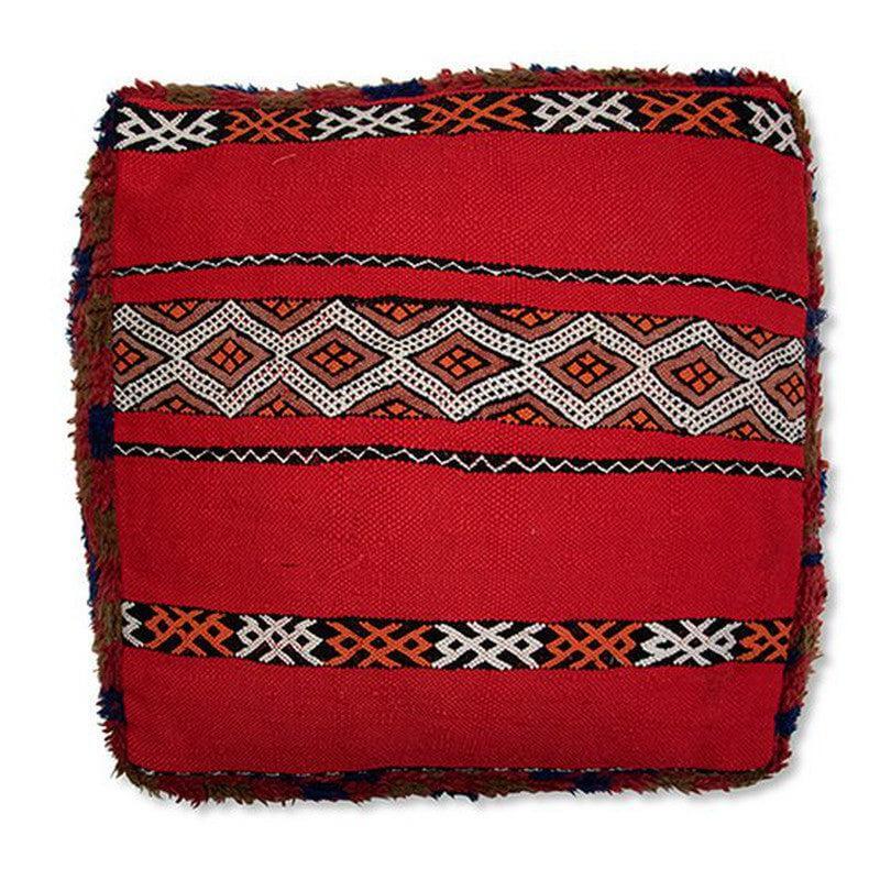 Marokkaans vloerkussen K273 in rood met traditionele patronen, handgemaakt van hoogwaardige wol en katoen.