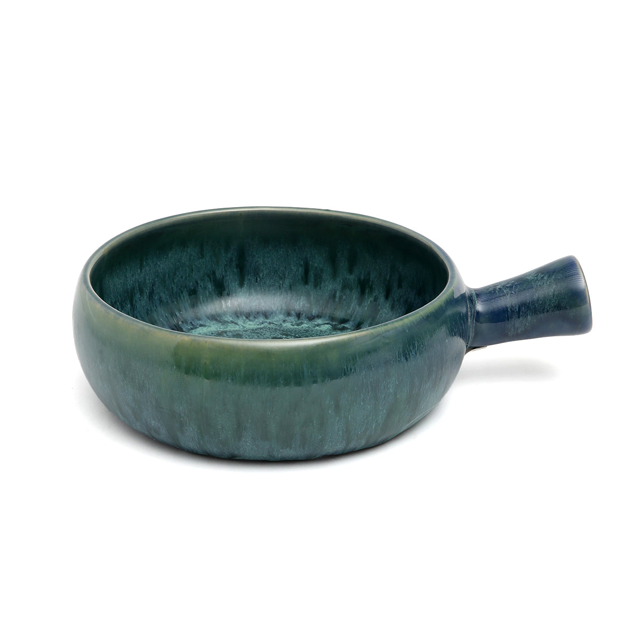 De aquablauwe braadpan met handvat