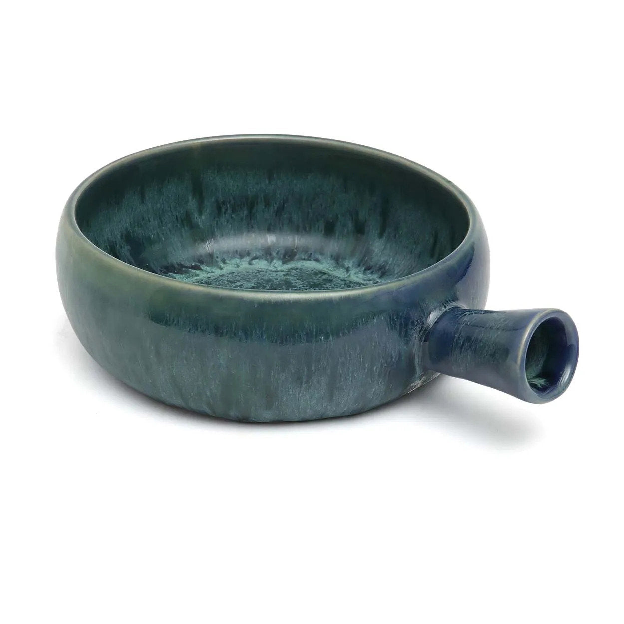 De aquablauwe braadpan met handvat