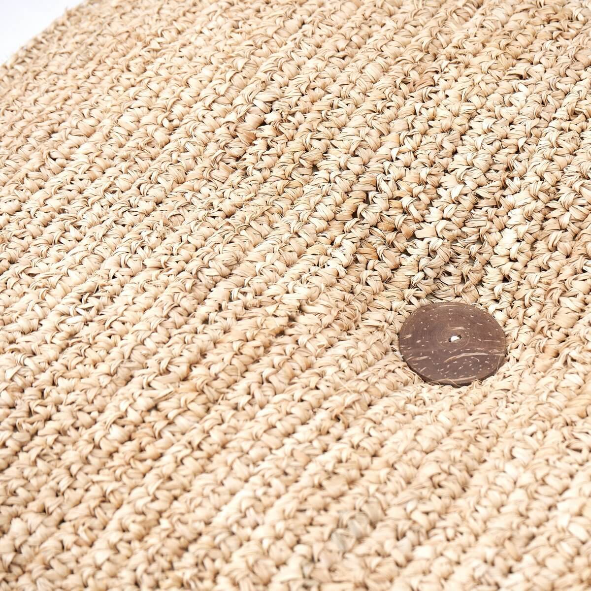 Handgeknoopte raffia zitzak Padar detail, 100% natuurlijk en duurzaam. Ideaal als comfortabele zitplaats, vrij van plastic.
