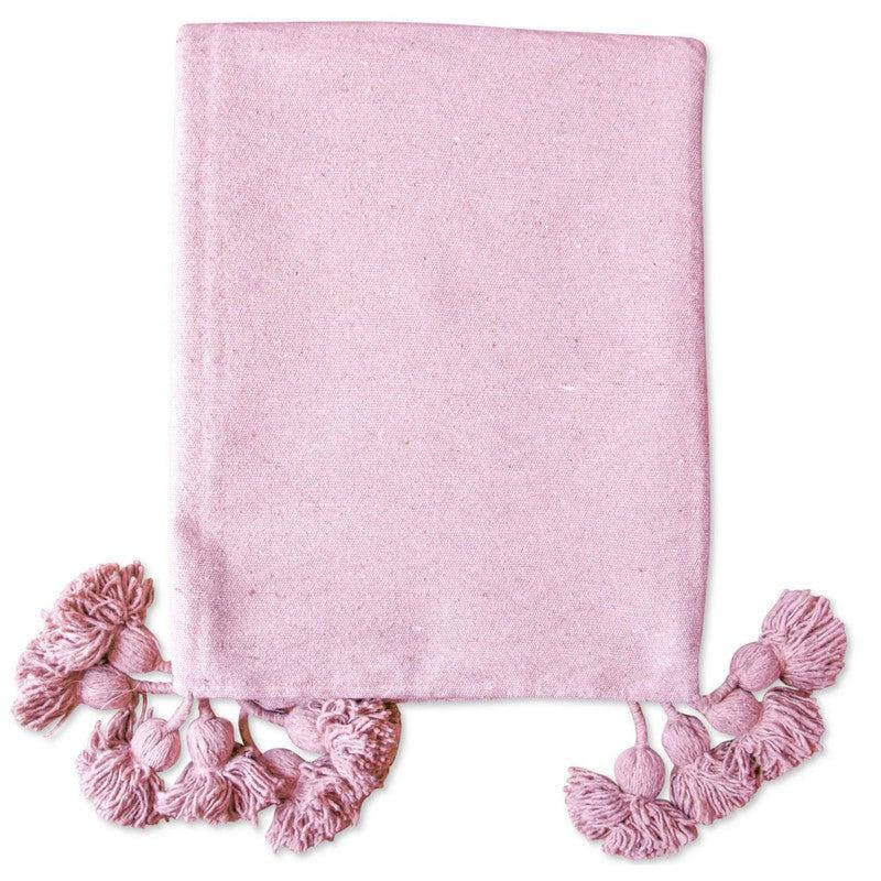 Roze handgeweven deken XL met pompons, puur biowol en katoen, 3x1,80m, Marokkaans ambacht, lente-look, multifunctioneel thuistextiel.