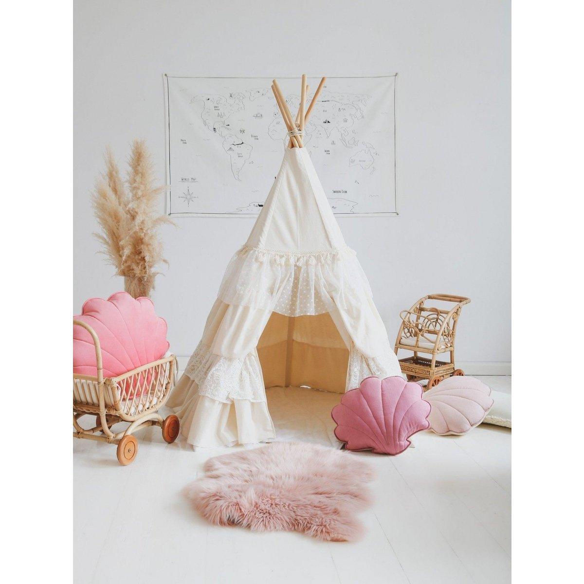 Set "Shabby Chic" tipi met ruches en bladmatten "White".-Moi Mili-Ik Hout ervan.