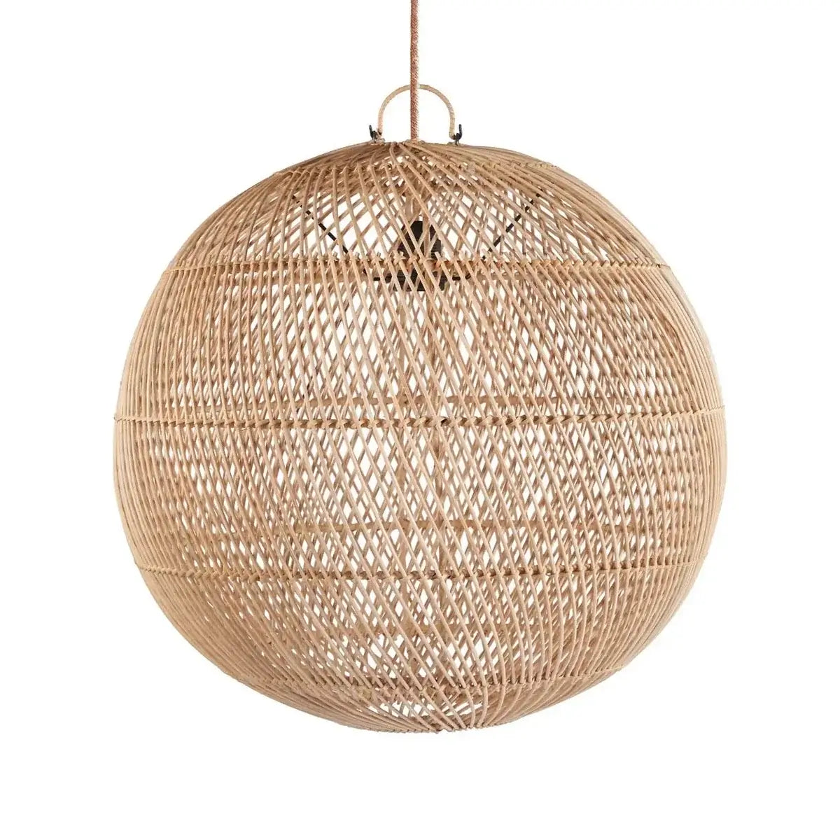 Woven rattan pendant light resembling a bubble, perfect for modern, bohemian interiors, adding a playful glow to any room.