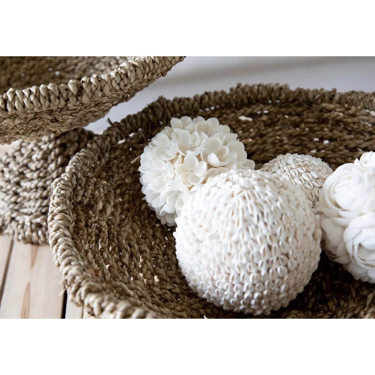 Bohemian Bubble Shell Ball in delicate white, styled in a woven basket. Perfect for adding coastal charm to your decor.
