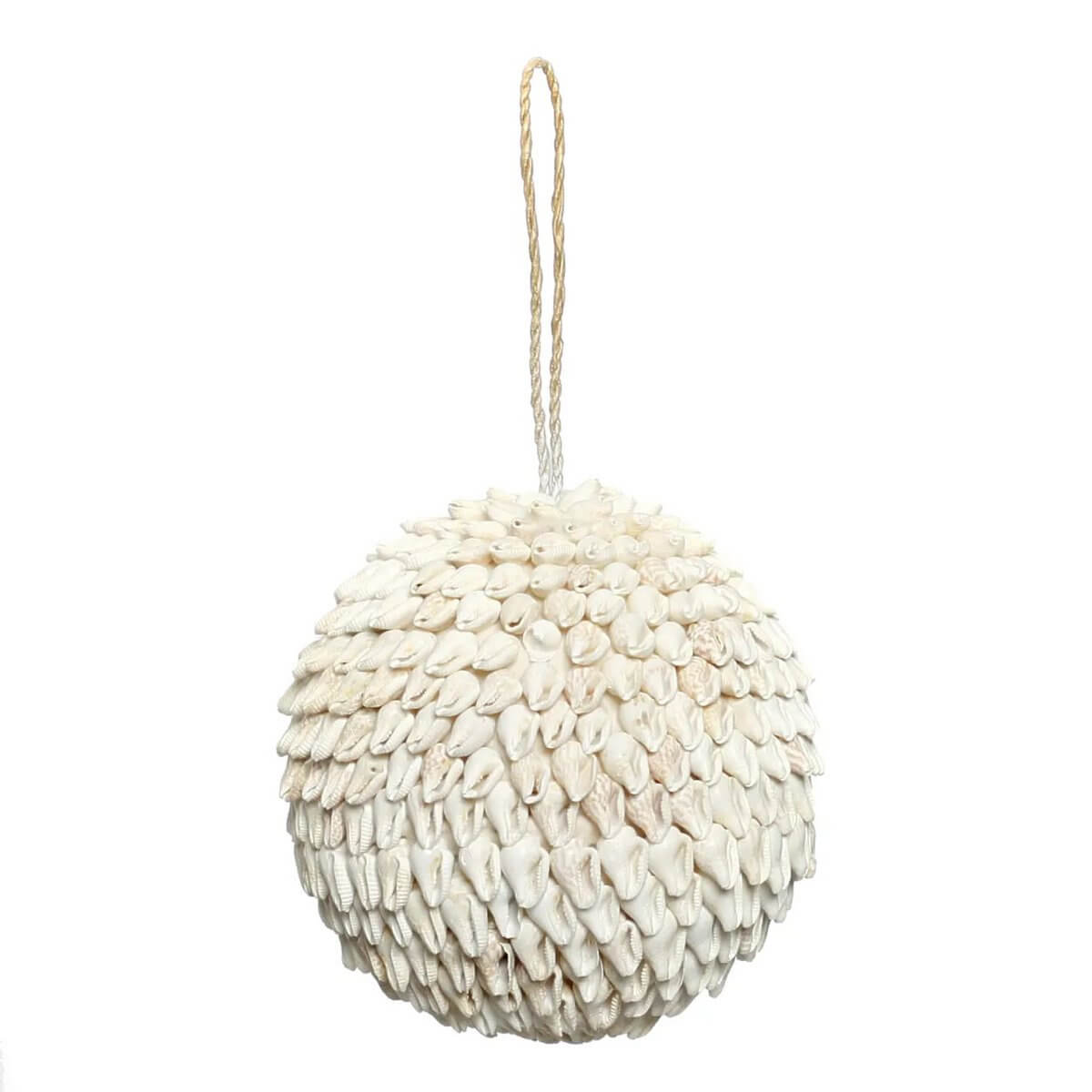 Bohemian Bubble Shell Ball in white, size L, by Bazar Bizar Living, crafted from natural shells, 12cm dimensions, 400g.