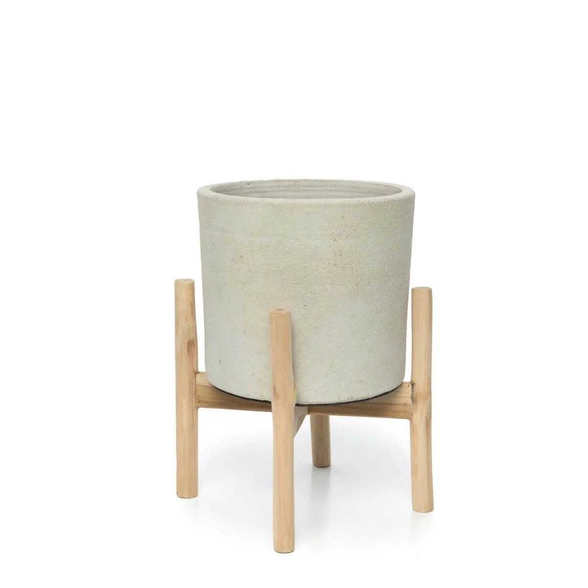 Bohemian-style grey planter on teak stand, perfect for indoor plant lovers, handcrafted in Bali.