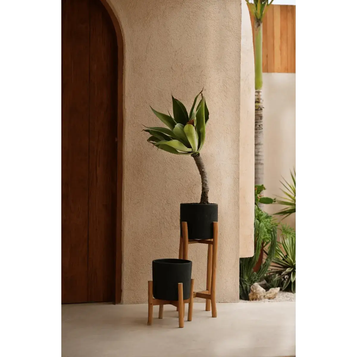 Bohemian style black pot on wooden stand, made of terracotta and charcoal. Zwart Naturel design by Bazar Bizar Living.