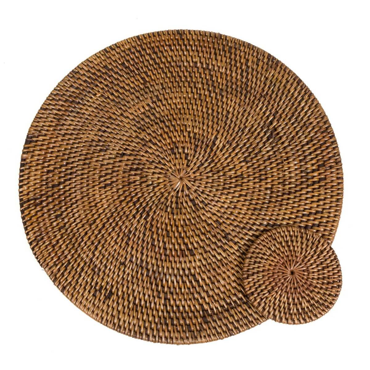 Handwoven rattan coaster in natural brown, perfect for bohemian table settings. Adds tropical texture and island vibes to your home.
