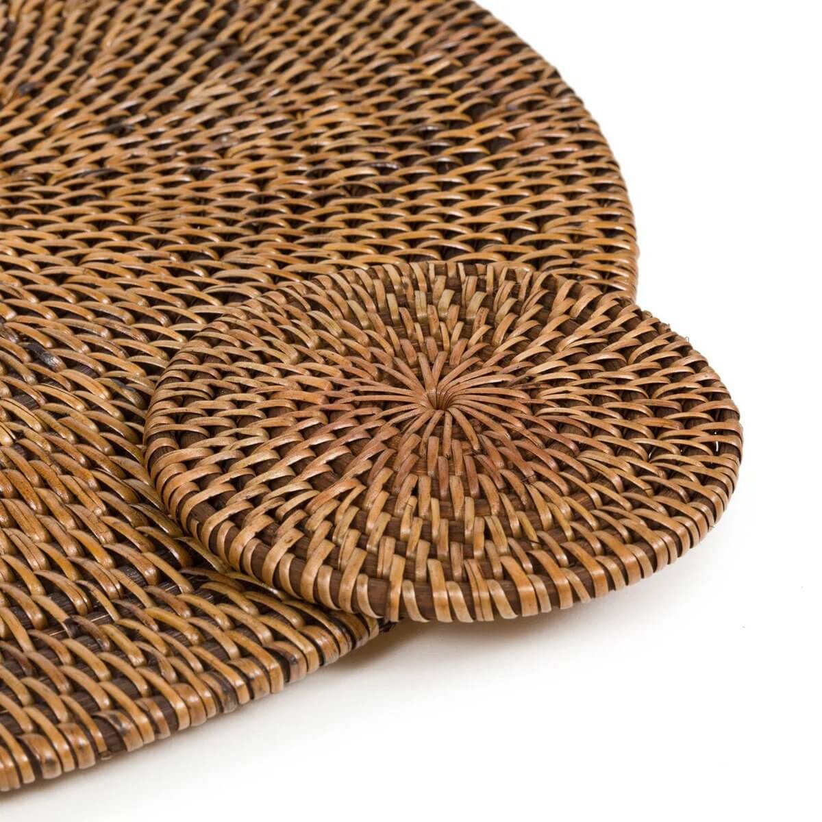 Bohemian-style handwoven rattan coaster in natural brown, adds tropical flair to any table. Size: 11cm, Lightweight by Bazar Bizar Living.