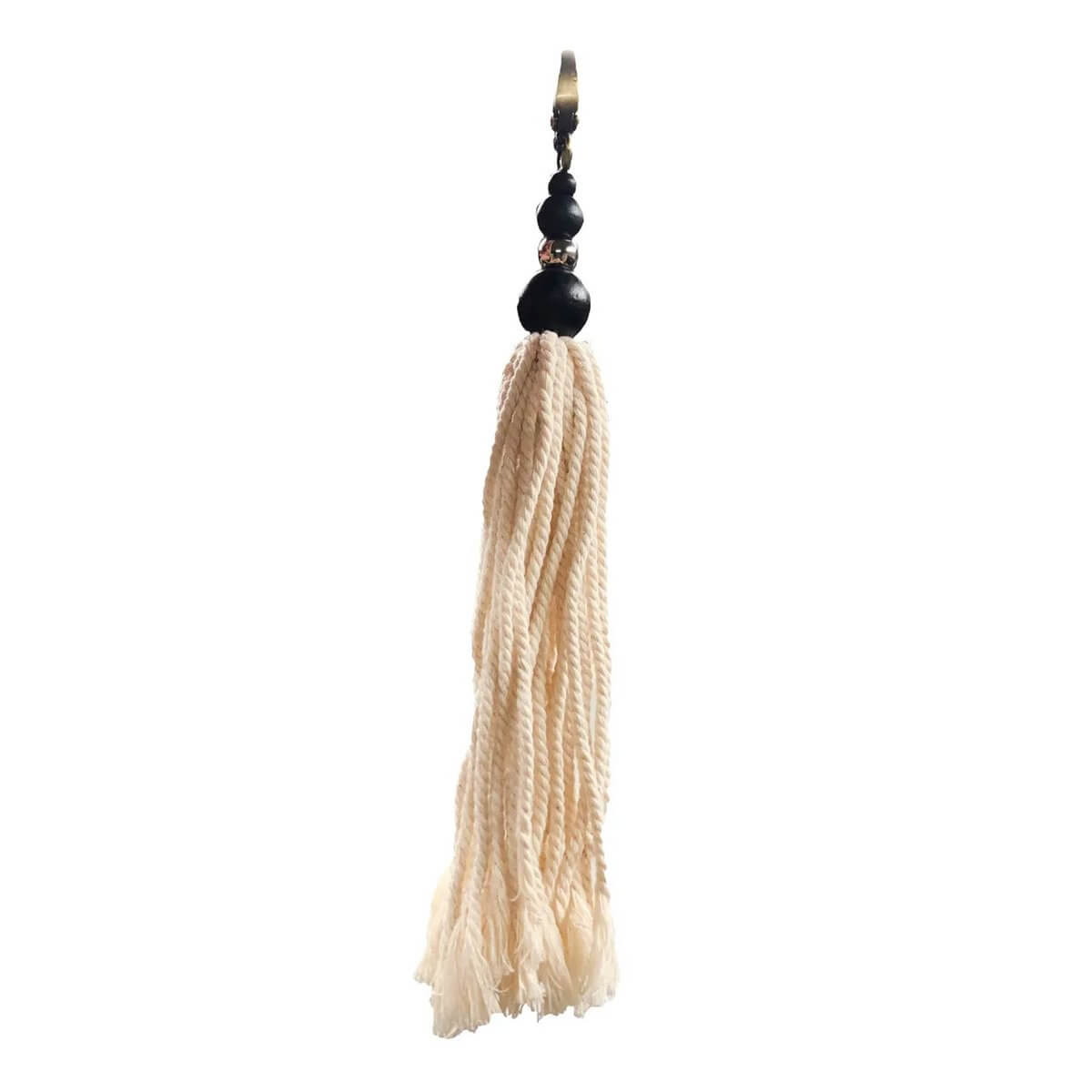 Bohemian Cotton Wood Keychain with black beads and beige tassels for a playful, eco-friendly style.