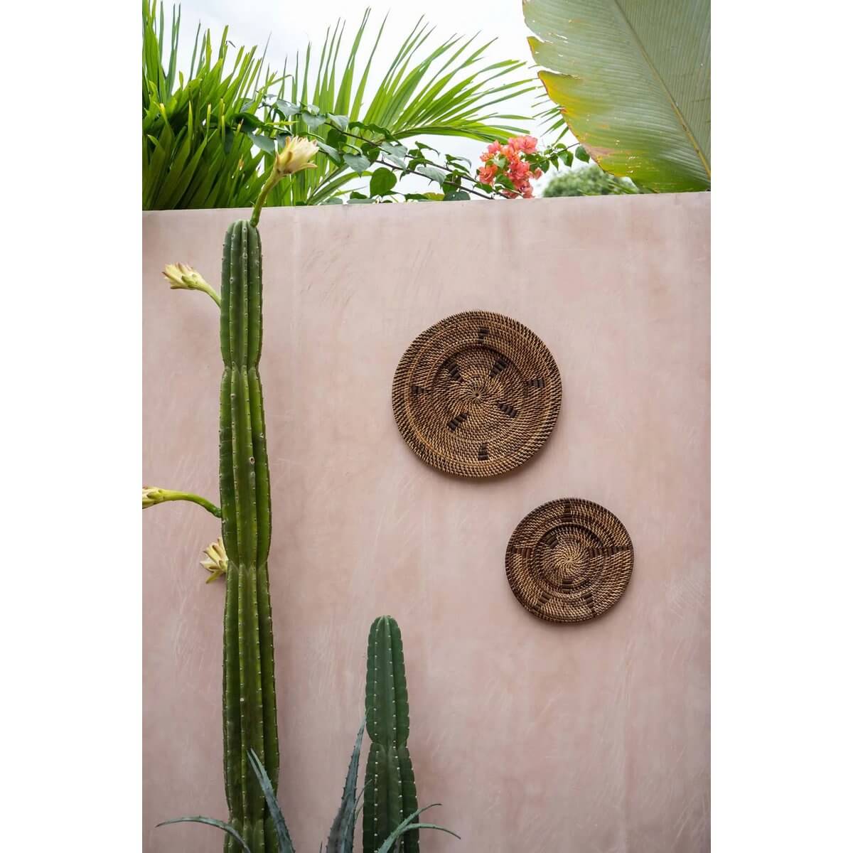 Twee handgeweven rotan borden met zwarte details aan een muur naast cactussen, etnische wanddecoratie van Bazar Bizar Living.