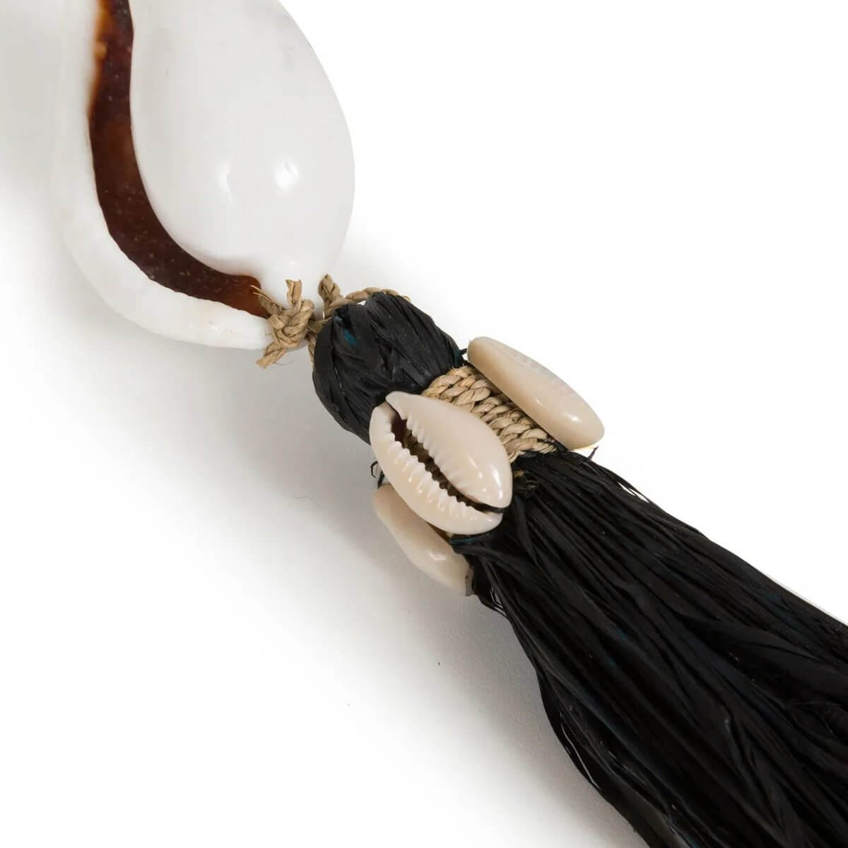 Bohemian-style Kubu keychain in black natural with seashell and raffia tassel detail, perfect for adding coastal charm.