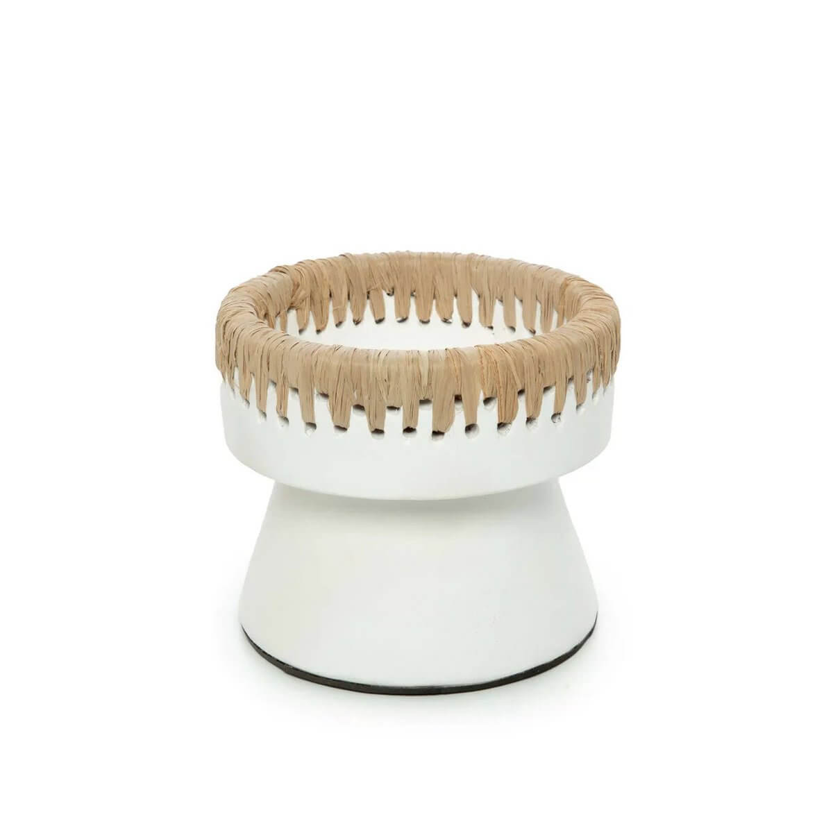 Bohemian white terracotta candle holder with raffia accent, ideal for stylish home decor.