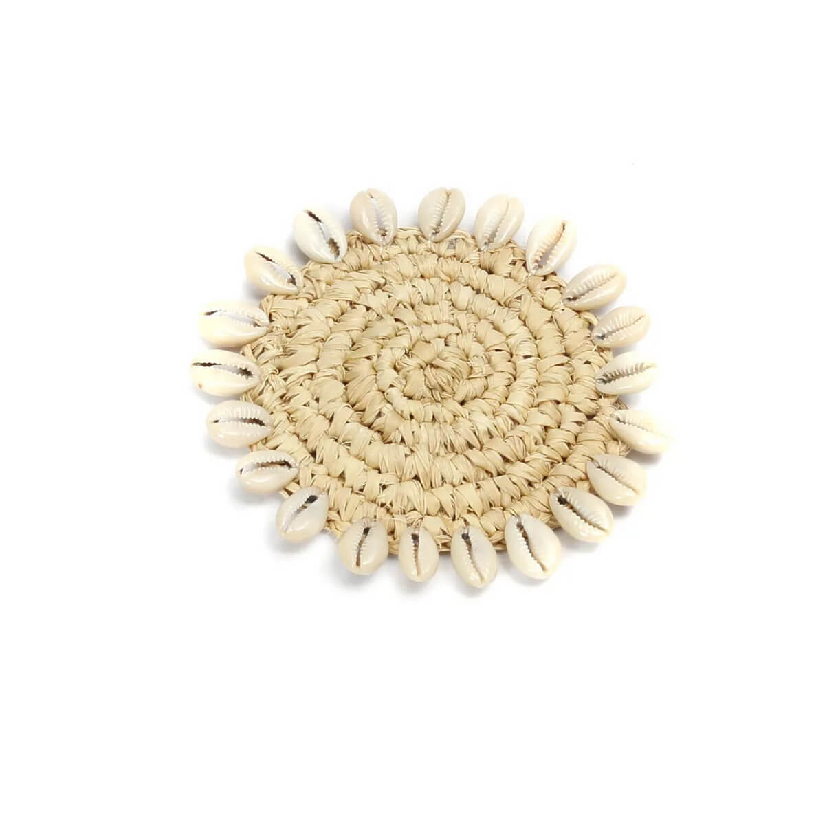 Bohemian-style round coaster with raffia and shell design, perfect for adding a natural touch to any table setting.