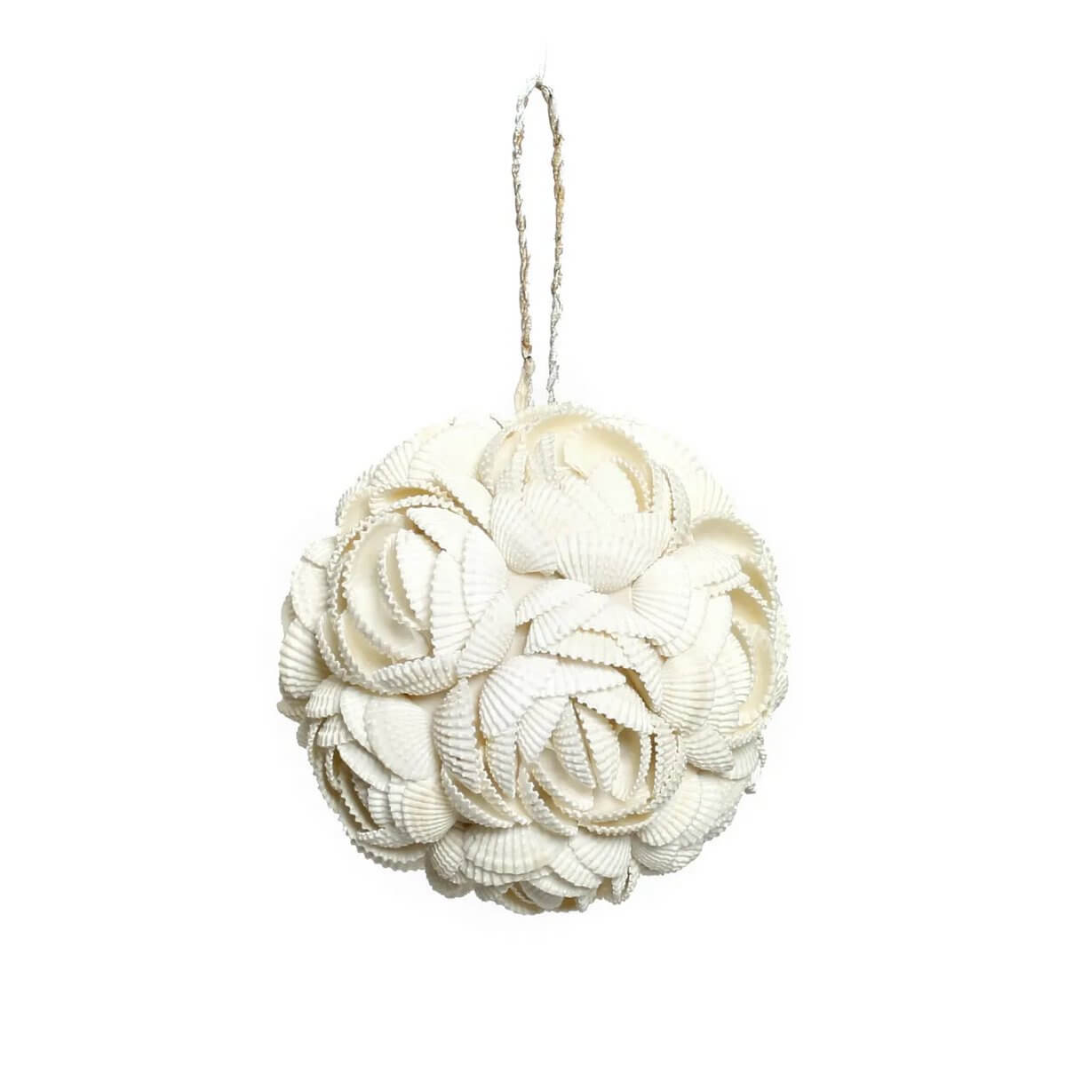 Handmade white rose shell ball by Balinese artisans, perfect for hanging or bohemian decor, size 9x9cm.