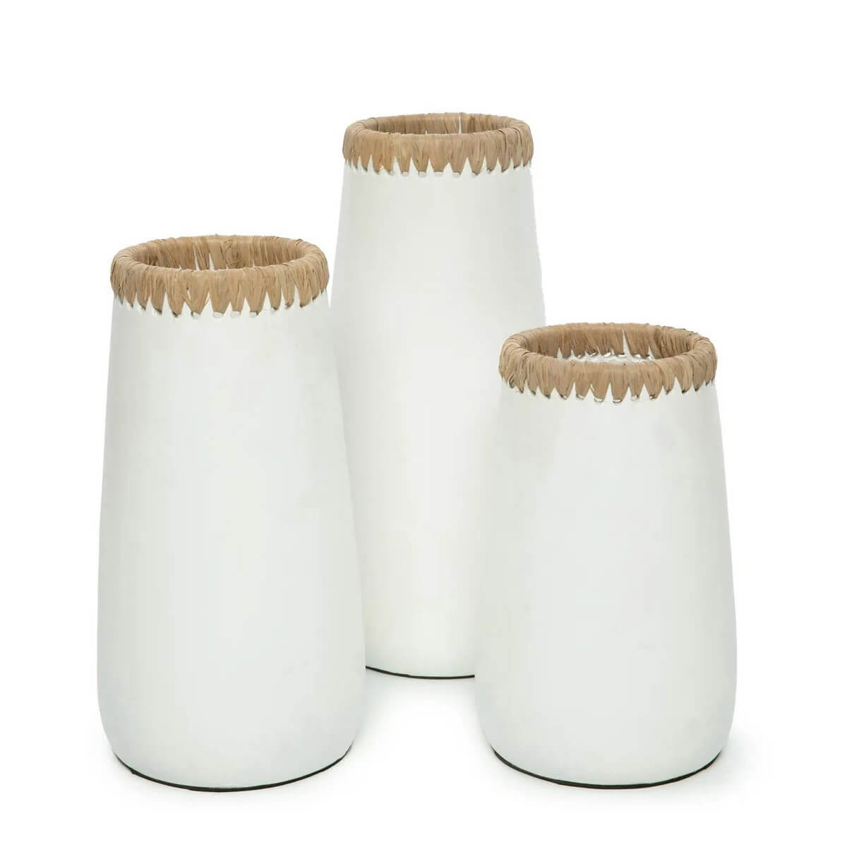 Set of three white terracotta vases with raffia detail, perfect for a bohemian touch in living or bathroom decor.