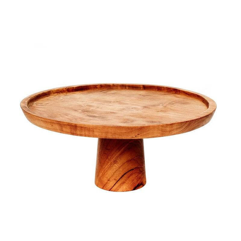 Teak houten gebaksschaal L, perfect voor het serveren van cake en snoep, handgemaakt door Bazar Bizar Living, diameter 28 cm.