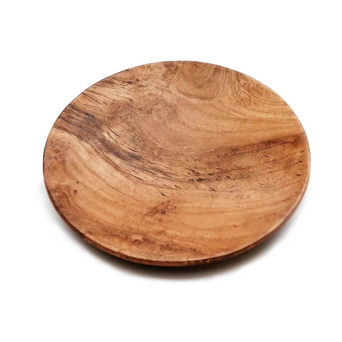 Bohemian style teak root round plate with natural wood grain, perfect for serving or decor. Size: 24.5cm diameter, Bazar Bizar Living.