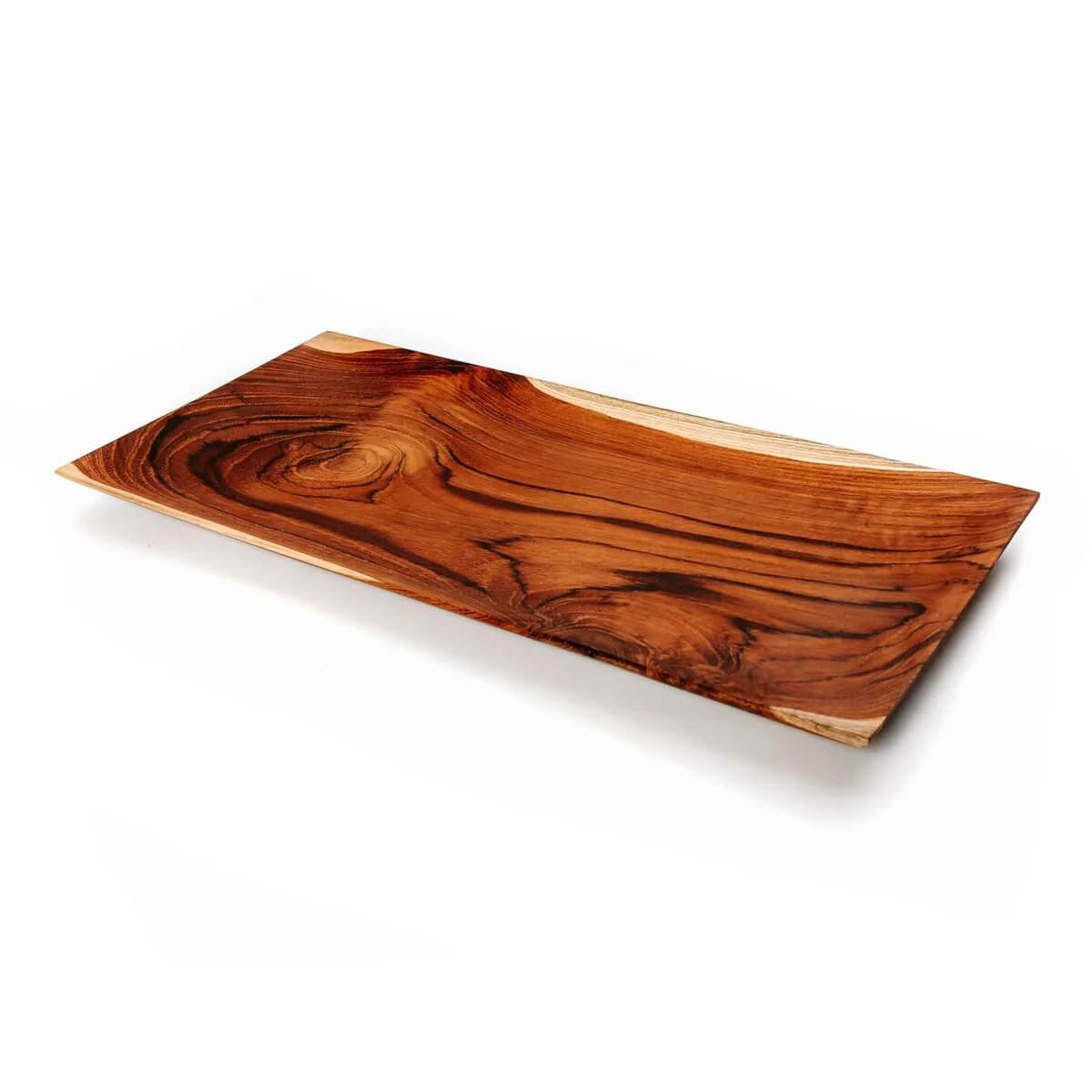 Bohemian teak root sushi plate from Bazar Bizar Living, perfect for dining or display; rectangular, brown, 18x35cm, 650g.