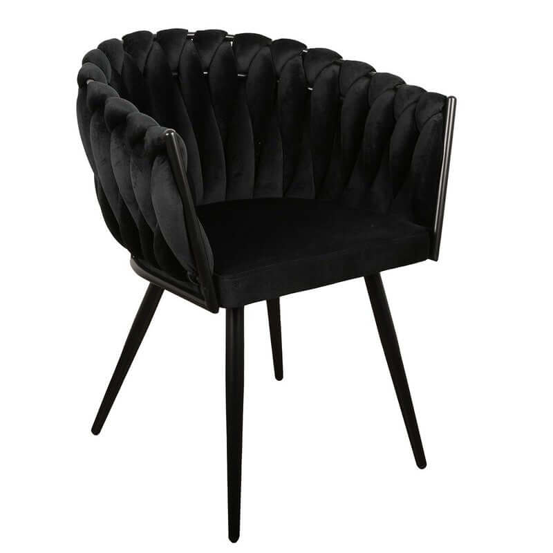 Elegante zwarte Wave stoel met uniek geweven rugleuning en slanke verchroomde poten, perfect voor moderne interieurs.